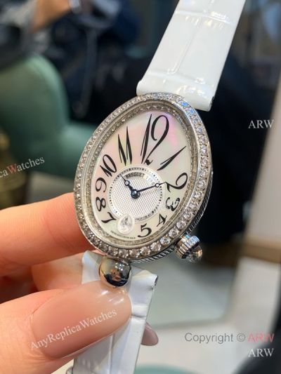 High Quality Replica BREGUET Reine De Naples White Leather Strap White Face Dial White Diamond Inlaid Case Watch
